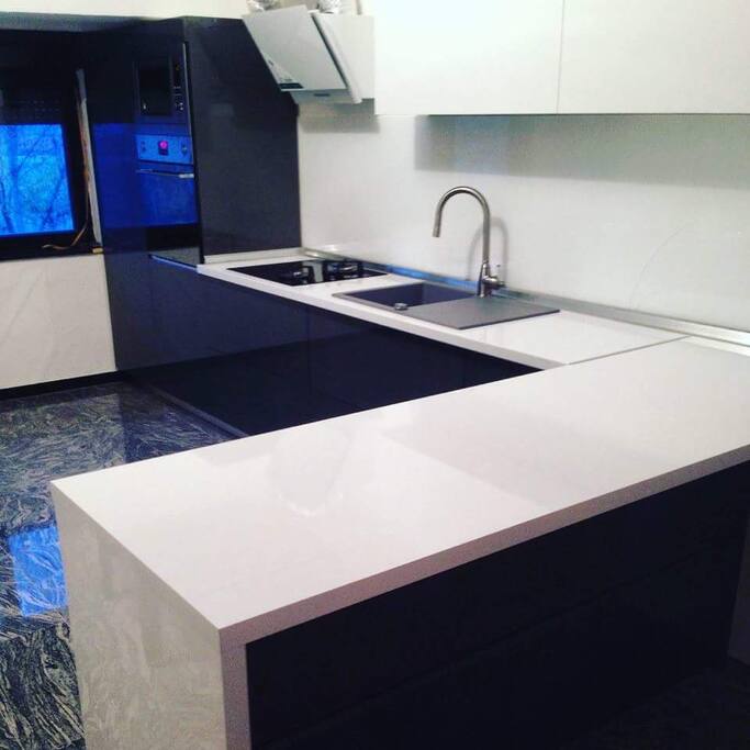 Kitchen equipped with built-in oven, microwave, fridge and gas stove with aspirator