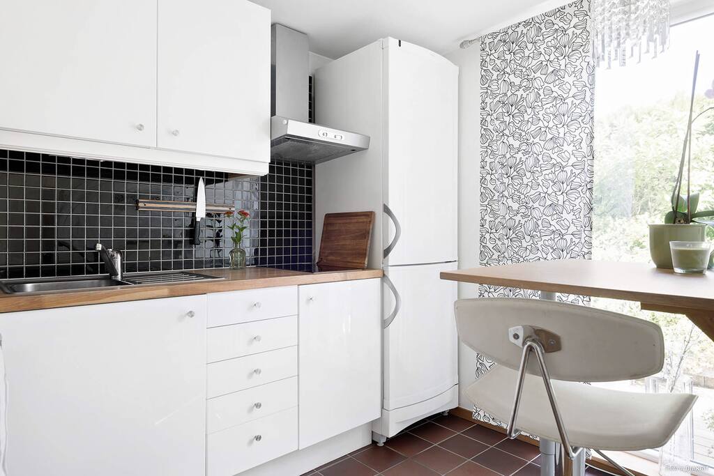 Mini kitchen with big fridge and freezer, 2-plate induction stove and microwave. Equipped with basic kitchen accessories.