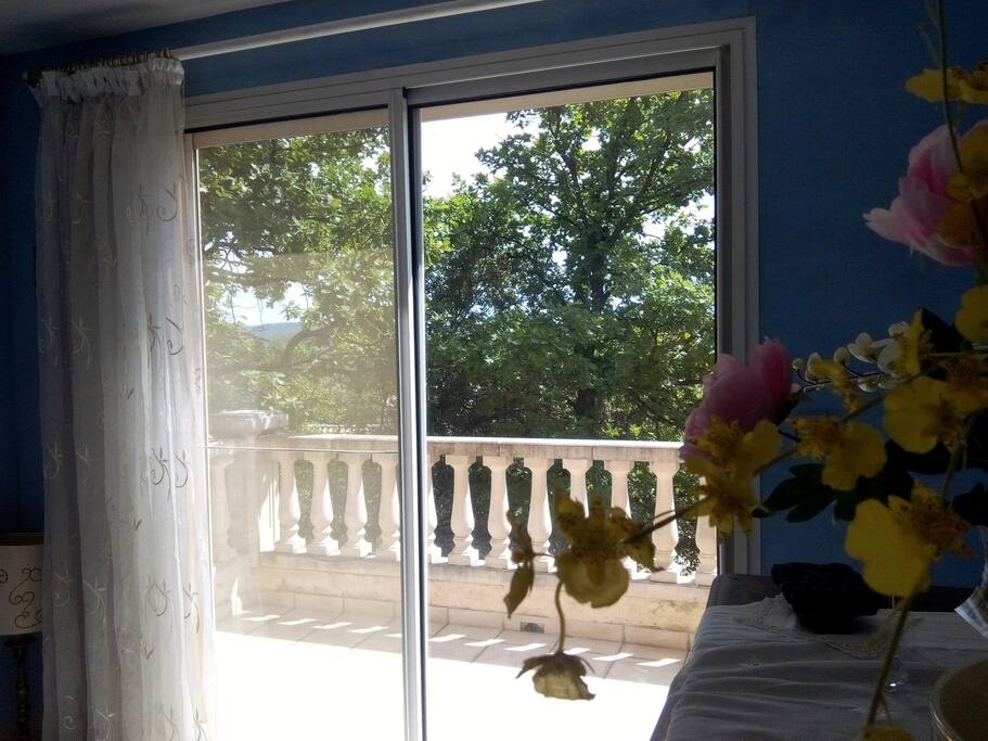 la baie vitrée donnant sur la terrasse et vue sur les chênes