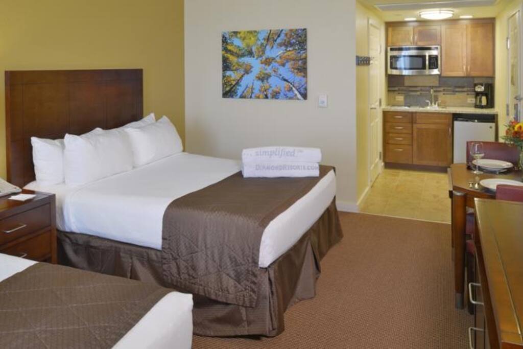 Studio unit has 2 queen beds