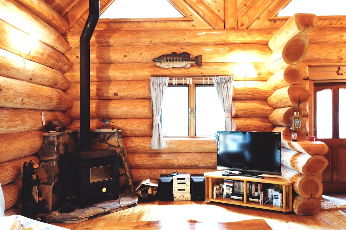 The living room features wooden log walls, providing a rustic ambiance. A mounted fish decoration hangs above a wood stove, with a television positioned on a low wooden table stacked with books and electronic devices. Natural light enters through a window dressed with light curtains.