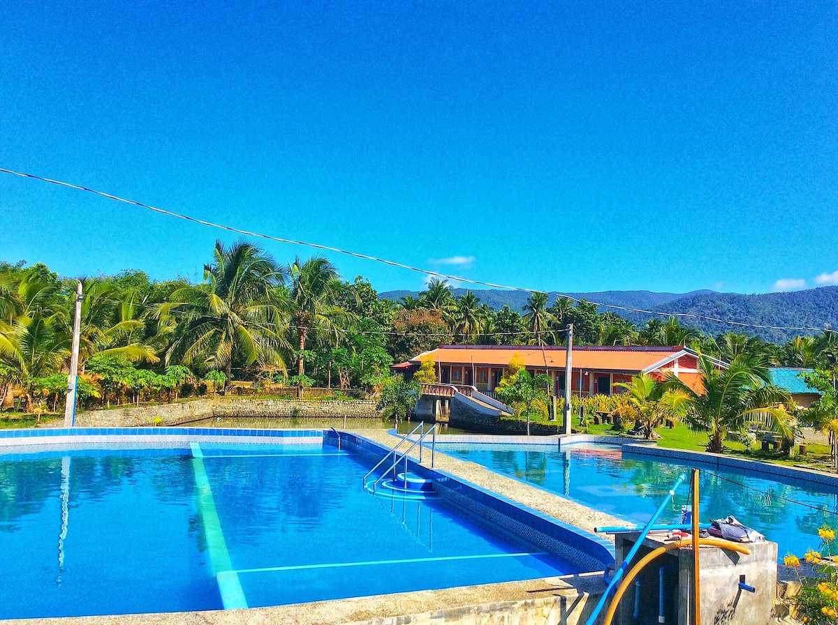 Two swimming pools are visible under a clear blue sky, surrounded by lush greenery and palm trees. A multi-room building is present in the background, featuring a red roof and inviting outdoor areas. Mountains are faintly visible in the distance.