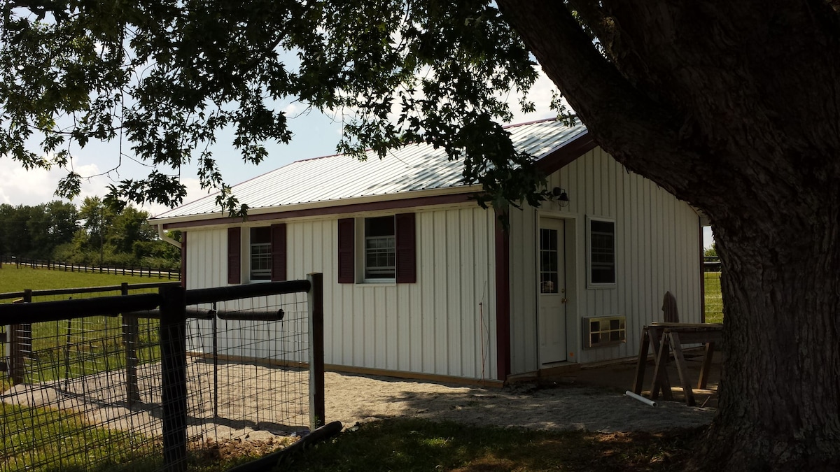 A charming guest house is showcased, featuring a white exterior with burgundy trim. Large windows invite natural light, while a shaded area under a tree offers a relaxing spot. Fencing and outdoor space are visible, providing access to the adjacent pasture.