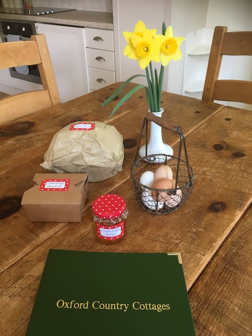 Welcome treats, all home made! Bread, brownies, marmalade and free range eggs