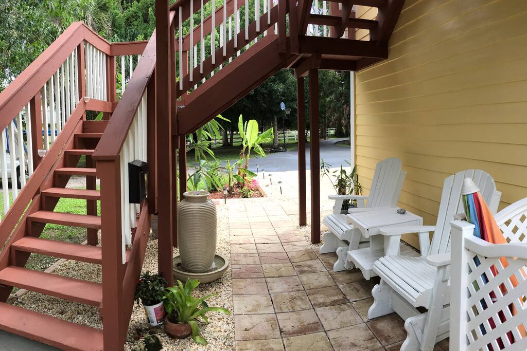 The Zen fountain shady sitting area under your private deck.