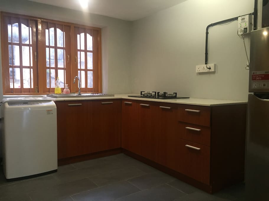 Kitchen Cabinet with Microwave, Refrigerator, Washing Machine