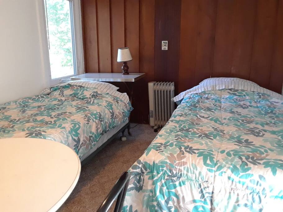 Two beds, with sheets and blankets. Winter is cold, so ask for more blankets if you need them. Fan and space heater also. Desks with device plugs and Wifi.
