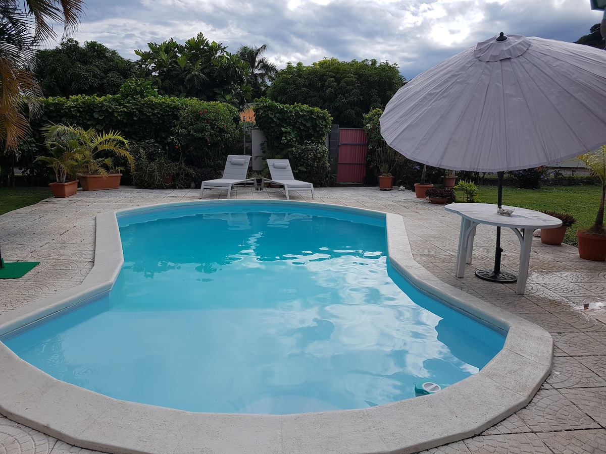 A clean, inviting swimming pool is surrounded by a spacious patio featuring lounge chairs and a table with an umbrella. Lush greenery and potted plants create a tranquil atmosphere, while overcast skies add a gentle light to the scene.