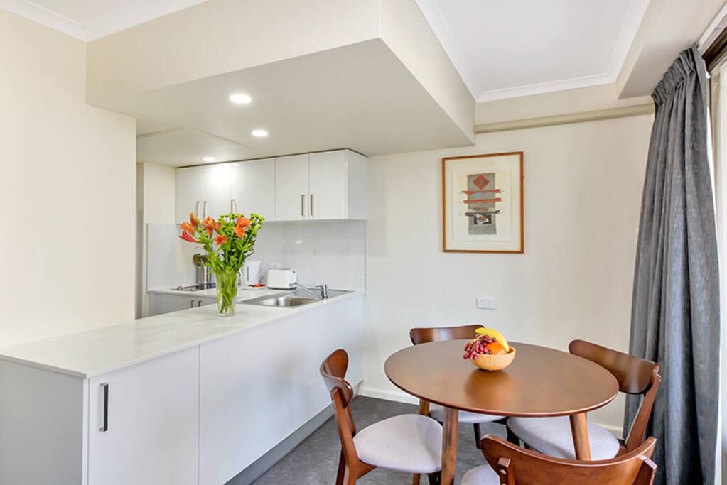 Self contained kitchen with full-sized fridge/freezer