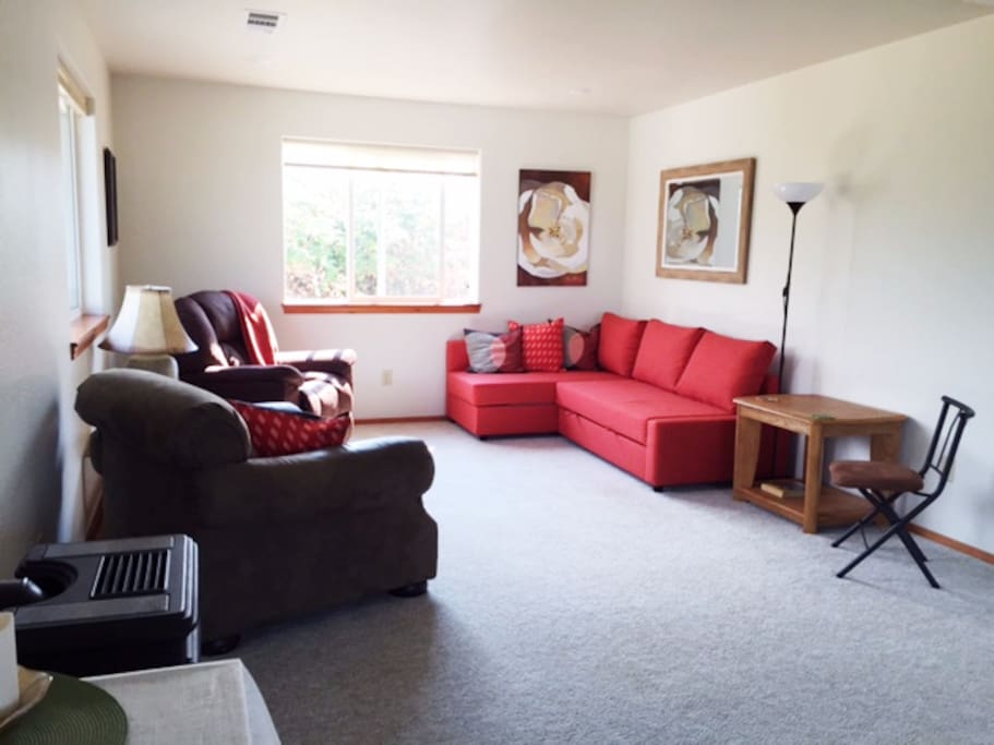 Spacious common room with sofa bed.