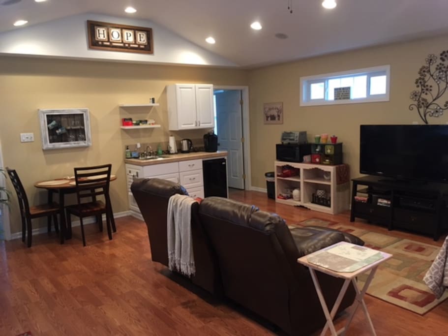 Super comfy furniture, kitchenette, nice big TV with cable and DVD player