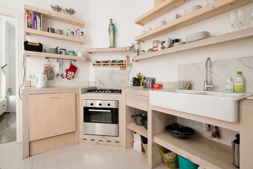 Our kitchen with gas-top stove, oven, and dishwasher