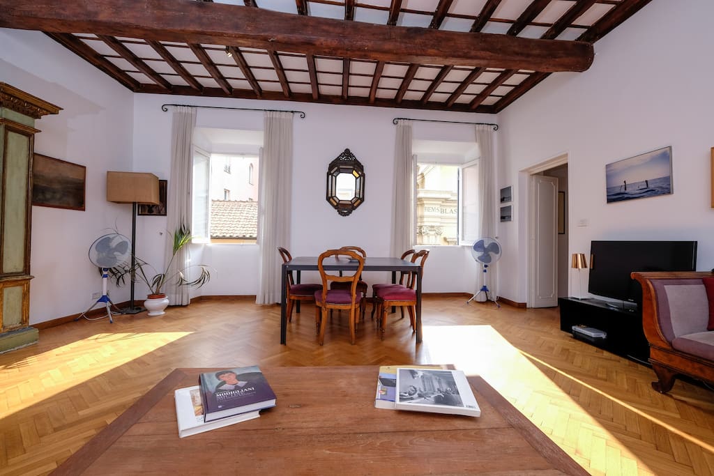 The living room looks onto Via Giulia. There is Wi-Fi and the living room has fans.