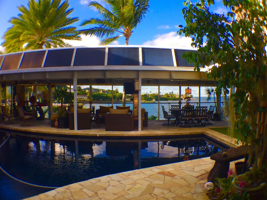 View of deck surrounding solar heated salt water pool