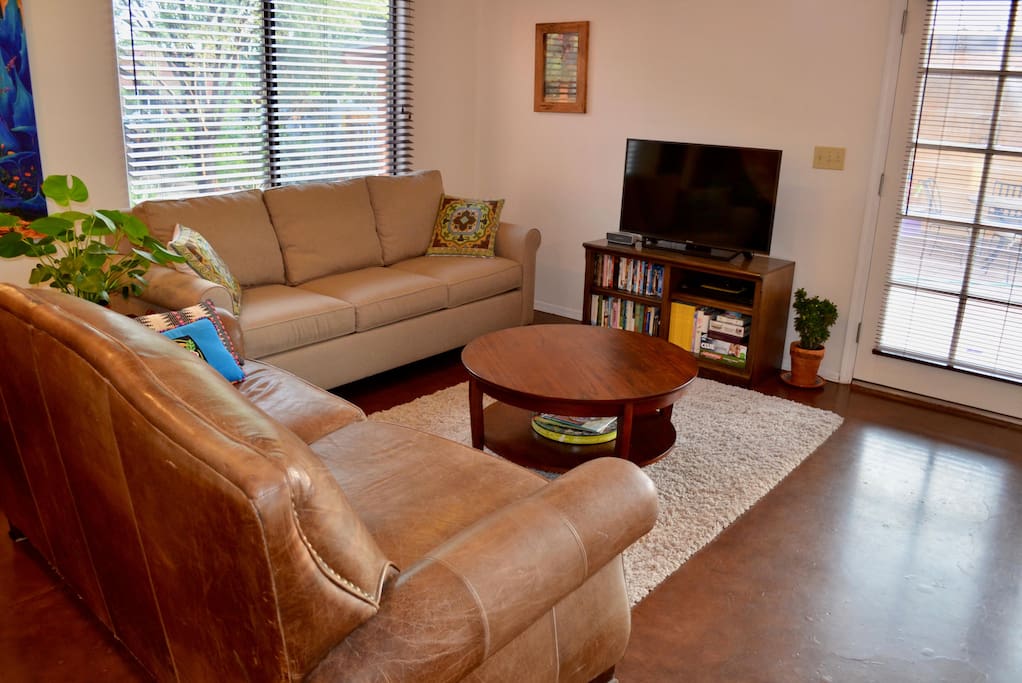 The living room has a 40" TV with Netflix and a new queen sleeper sofa.