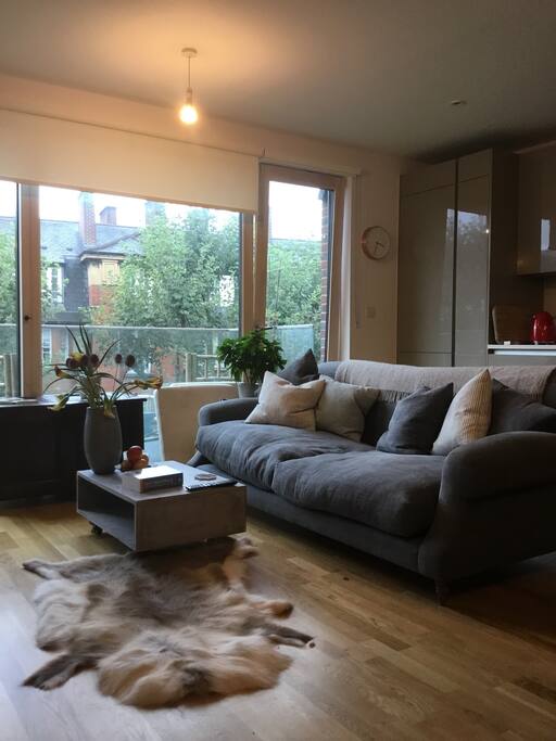 Large, modern flat with a combination of antique and new furniture, leading to a balcony with seating - a great place for a morning cup of coffee. There is some noise from the street if you leave the windows open. The flat is situated on the third floor and is the top flat.