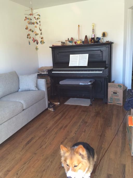 The living room has a piano and a full-size sleeper sofa.