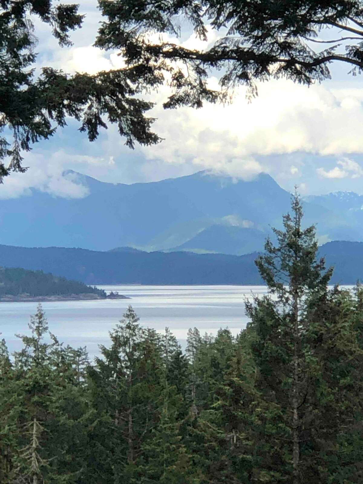 A serene landscape features a distant mountainous area, partially obscured by clouds, with a calm body of water reflecting the sky. Surrounding trees create a lush foreground, enhancing the natural beauty of the scenery.