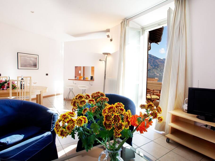 The living room adjoins the lake view master balcony