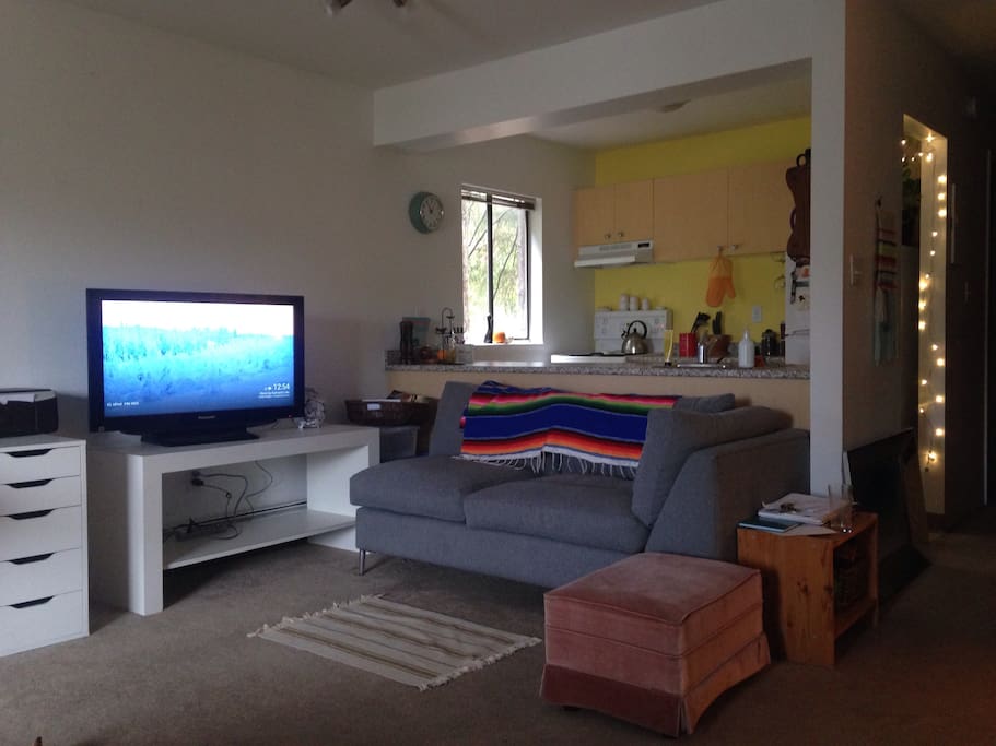Raining? Sit back and enjoy some Netflix! 38inch TV equipped with Chromecast.