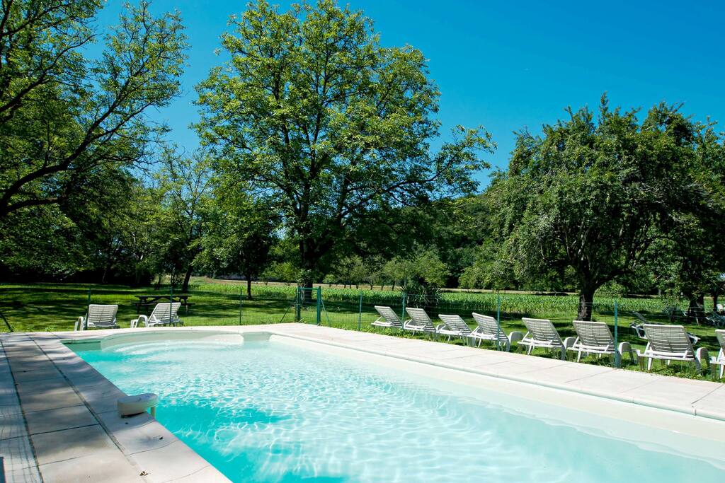 The 10 m x4m childproof swimming pool is fenced and alarmed for safety,with lots of trees for natural shade