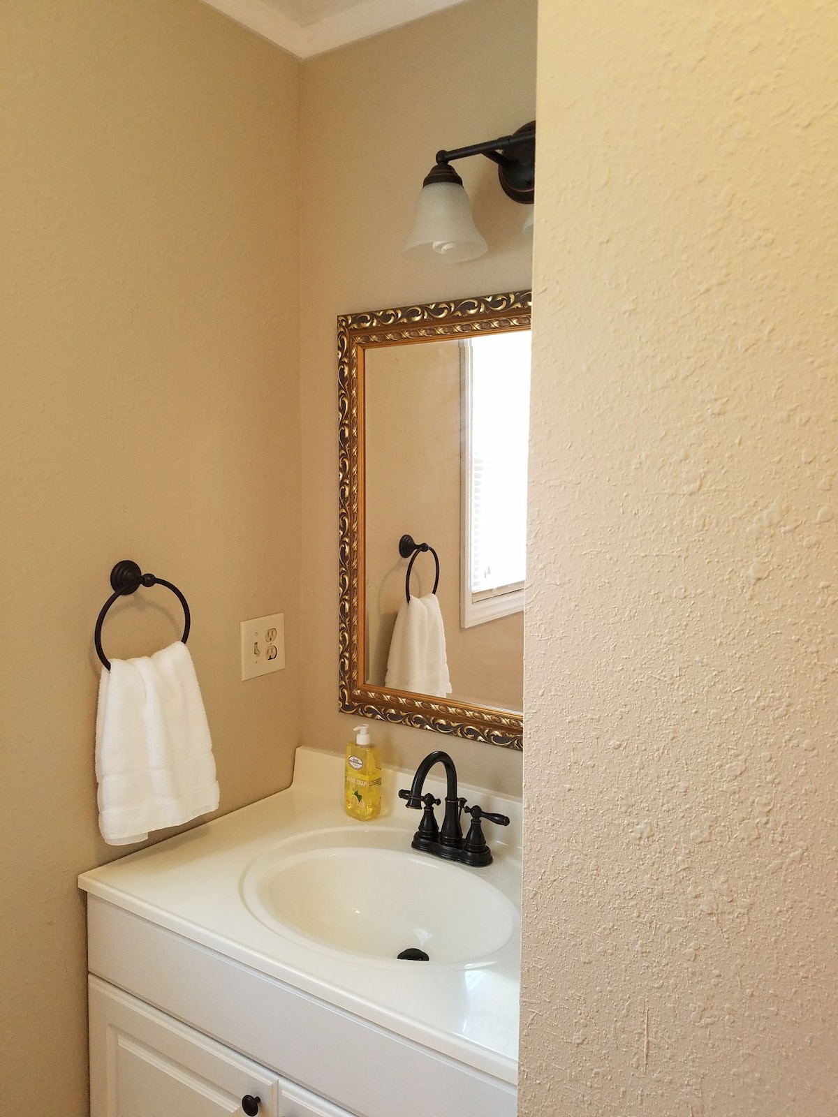 A clean bathroom space features a white vanity with a sink, complemented by a decorative mirror framed in gold. A hand towel is neatly hung on a black towel ring. Soft lighting is provided by a light fixture above the mirror.