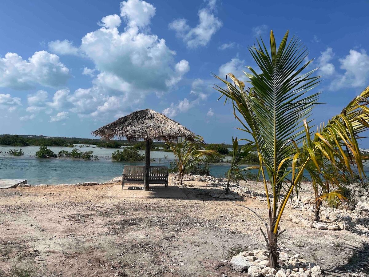 A thatched-roof gazebo is positioned near the water, surrounded by sandy ground and lush vegetation. Palm trees sway gently, and a calm body of water is visible in the background, reflecting the bright blue sky with fluffy clouds.