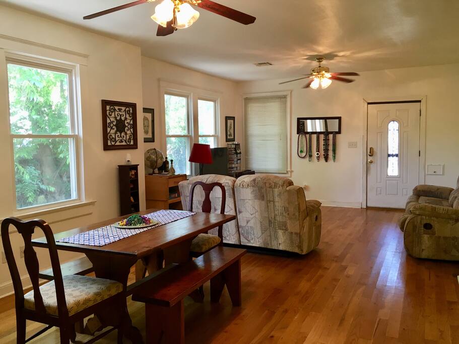 Both the love seat and couch are actually recliners, so prop up your feet and enjoy a good show on the flat screen tv, read a book, or take a nap!