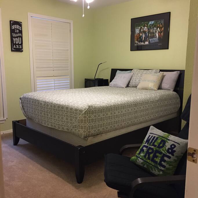 Spacious Guest Room. Is furnished with Queen Bed, TV, Apple TV, refrigerator, and microwave.