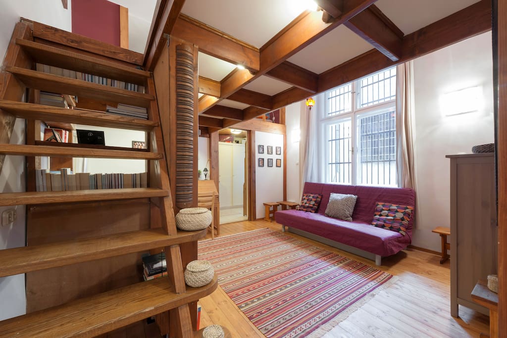 stairs up to the mezzanine