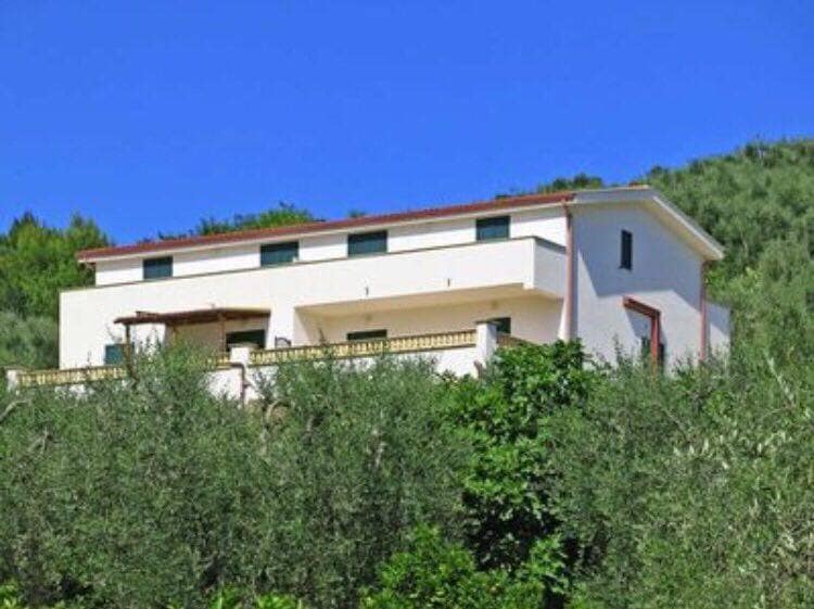 A modern building is surrounded by lush greenery, featuring multiple windows and an exterior balcony. The structure is set against a clear blue sky, highlighting its contemporary design and natural surroundings.