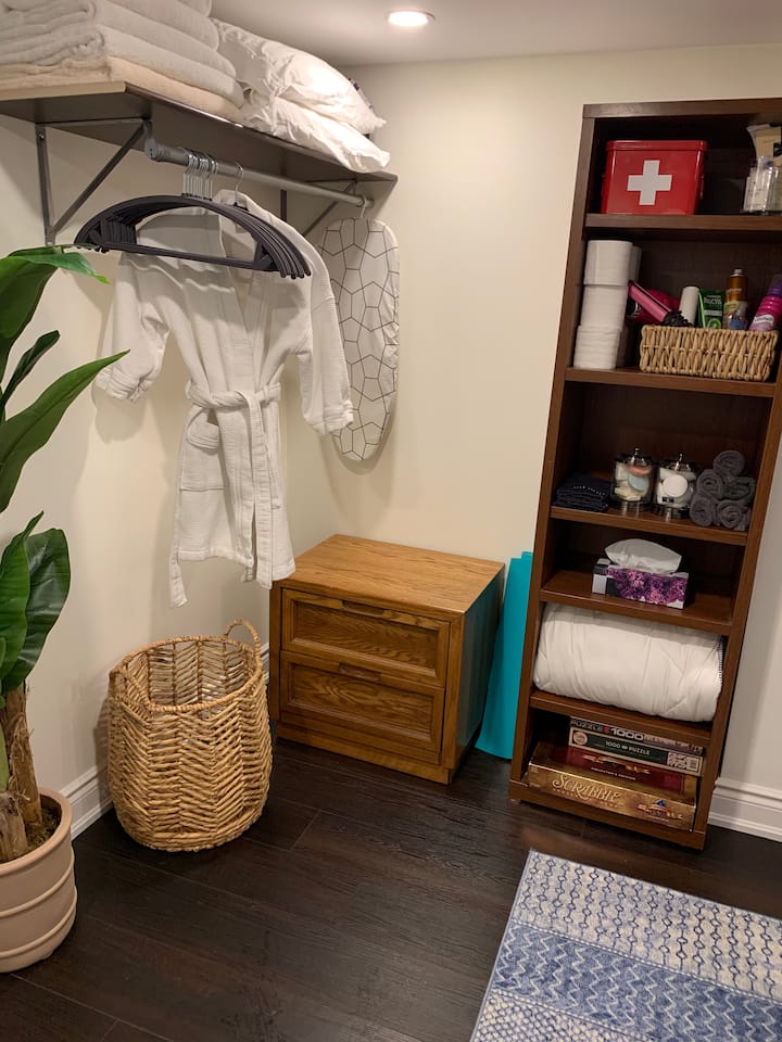 Ironing board / iron, hair tools and products, toiletries, extra blankets and linens and some puzzles and board games for your enjoyment 