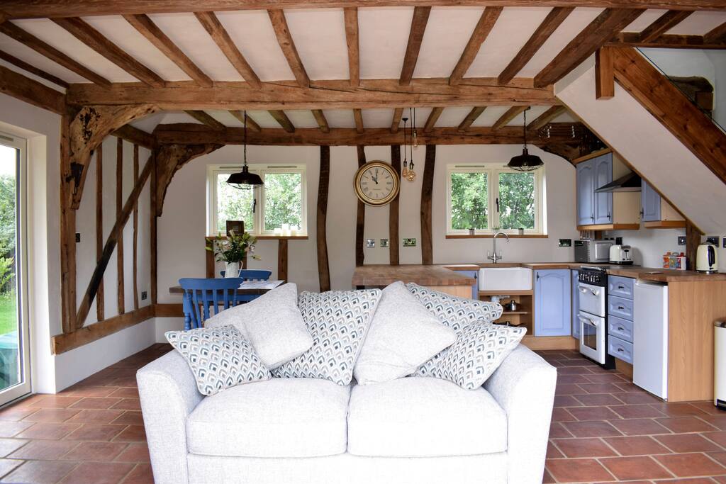 Open plan kitchen, dining, living
