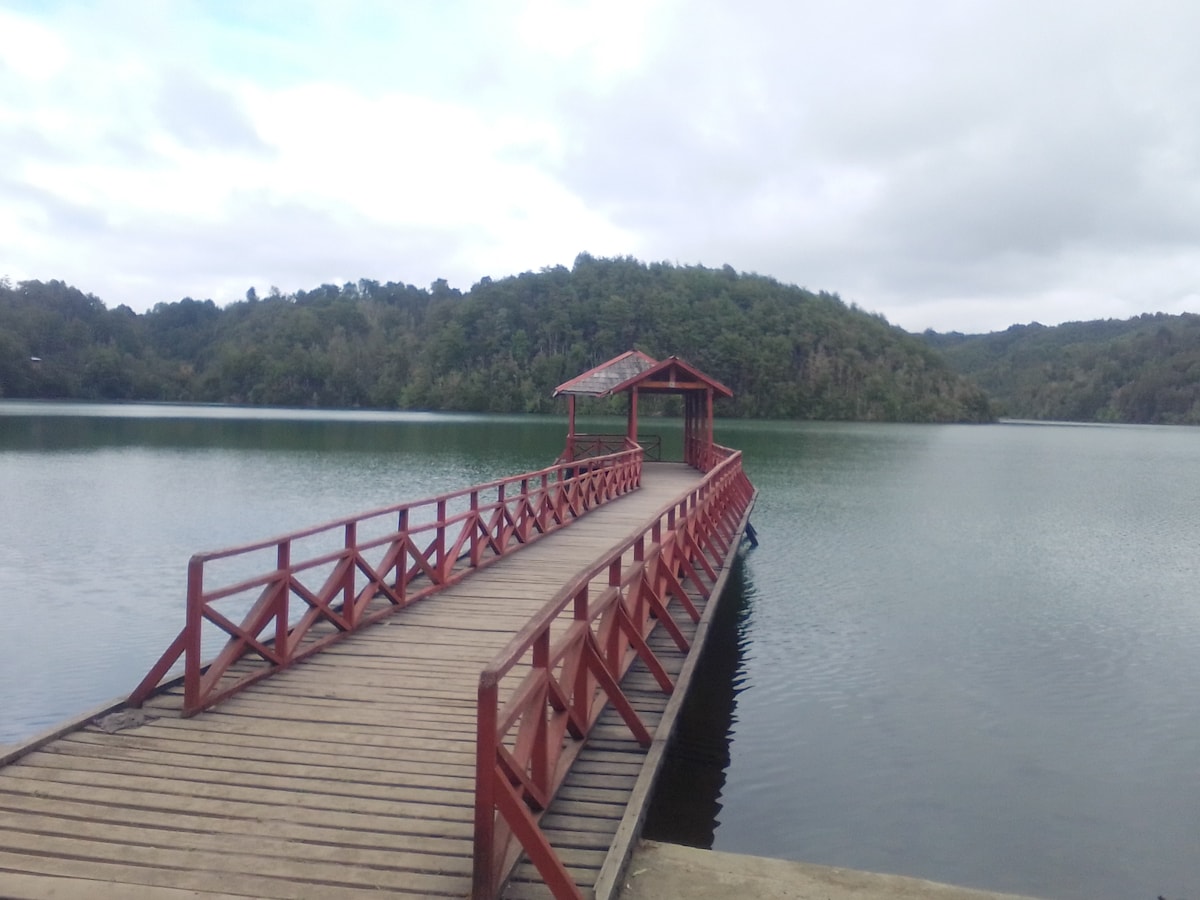 A wooden pier extends into a calm lake, flanked by lush greenery on both sides. A covered gazebo is positioned at the end of the pier, providing a sheltered area to enjoy the scenic views of the surrounding hills and water.