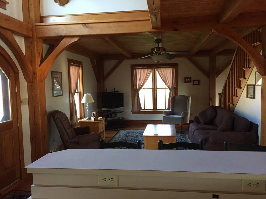 Spacious living room for movie watching (DVD player available), hanging out, or game night. Extra folding chairs and table are available for a variety of uses. You'll feel right at home here. Bring your friends and do some scrap booking, quilting, or writing. It would be a great change of scenery for a work retreat or for your men's or women's retreat for any organization.
