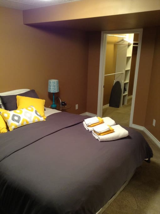 Lamp, alarm clock, large closet, iron and small ironing board.
