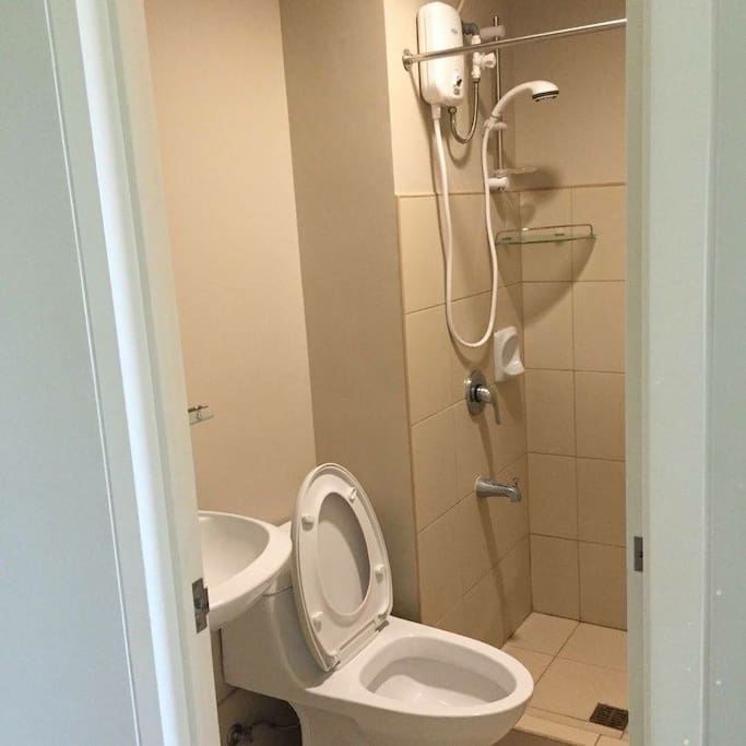 Toilet and Bath with Mirror and Shower Heater