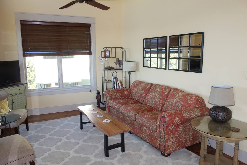 Living room with comfortable couch.