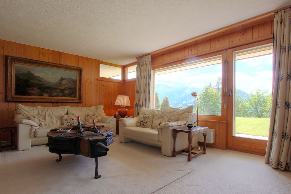 The open-plan living and kitchen area, with the Swiss countryside behind