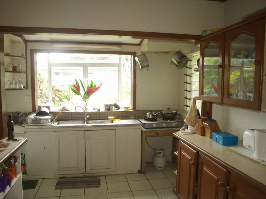 Large kitchen with gas cooker, Pantry storage, and fridge.