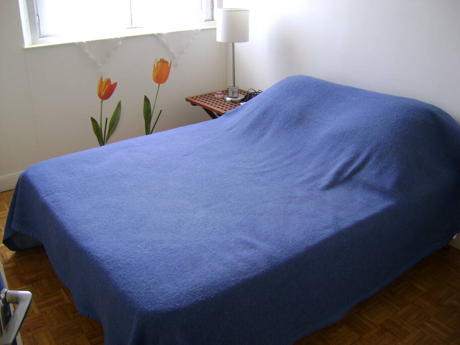 Well lit room with a real comfortable double bed