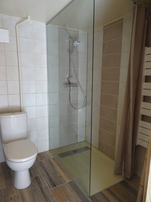 la douche à l'italienne, wc et sur le côté, non visible sur cette photo, le lavabo et son meuble bas et haut pour le rangement