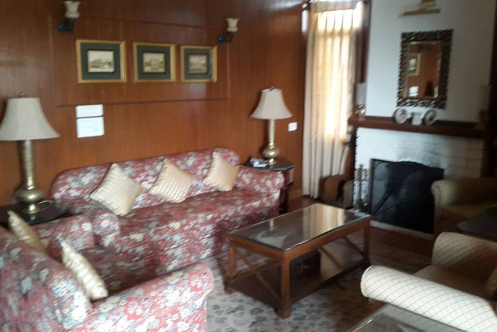 The living area with comfortable seating with a live fire place.