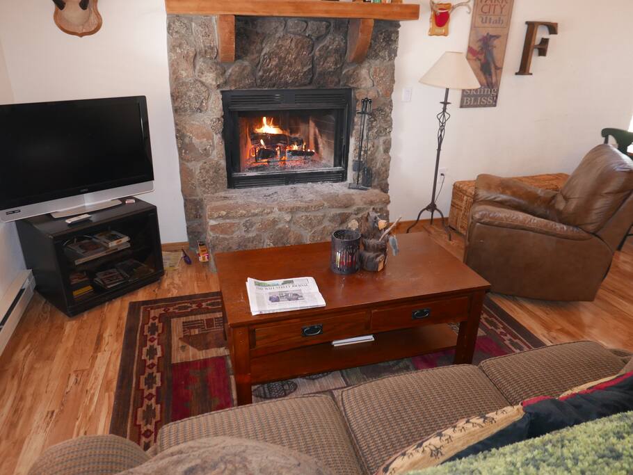 Comfortable living room with fireplace - real firewood!