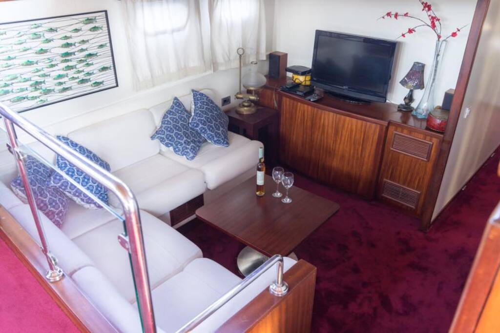 This is the living room where guests can relax and enjoy TV