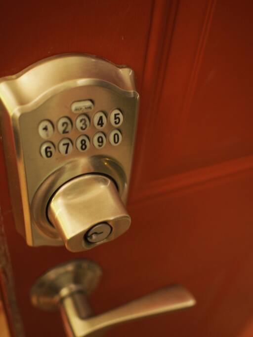 Outside of door has a keypad entry, where each guest will have their own unique code to enter.