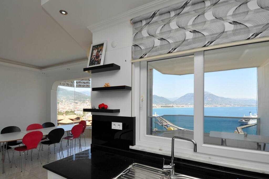 Kitchen and living room.