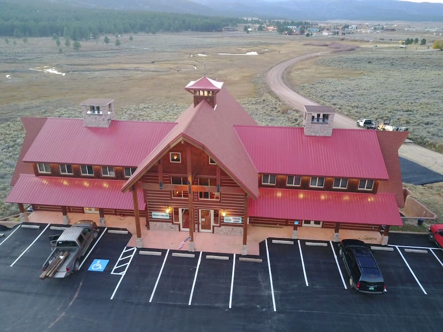 Lodge and hostel from the air out front