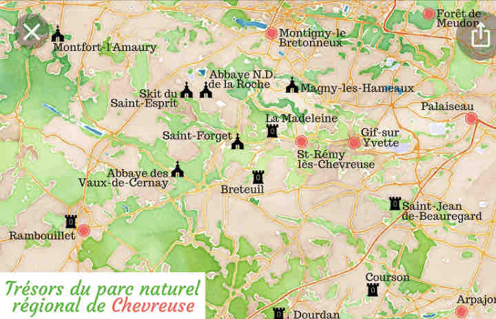 A detailed map of the Chevreuse regional nature park is displayed, highlighting various notable locations including towns, abbeys, and natural features. Key sites such as Montfort l'Amaury and Rambouillet are marked for easy reference, showcasing the area’s diverse attractions.