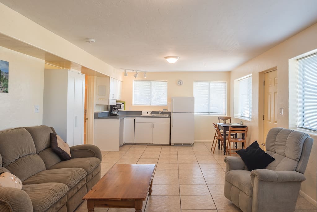 Kick back on the recliner couch or in the recliner chair.